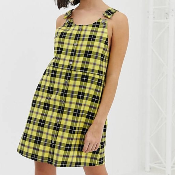 Monki Overall Jumper Dress In Plaid 